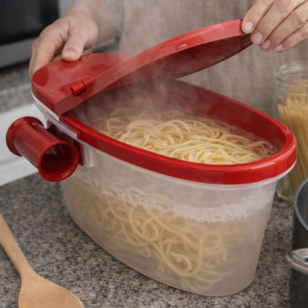 Telebrand Microwave Pasta Boat Cooker Red‎ Steamer Strainer Lid Veggie Cooker